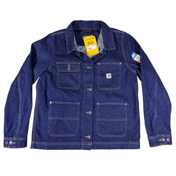 Carhartt Denim Chore Coat Womens Large Blue Relaxed Fit Rugged Flex Button Down - Picture 2 of 10